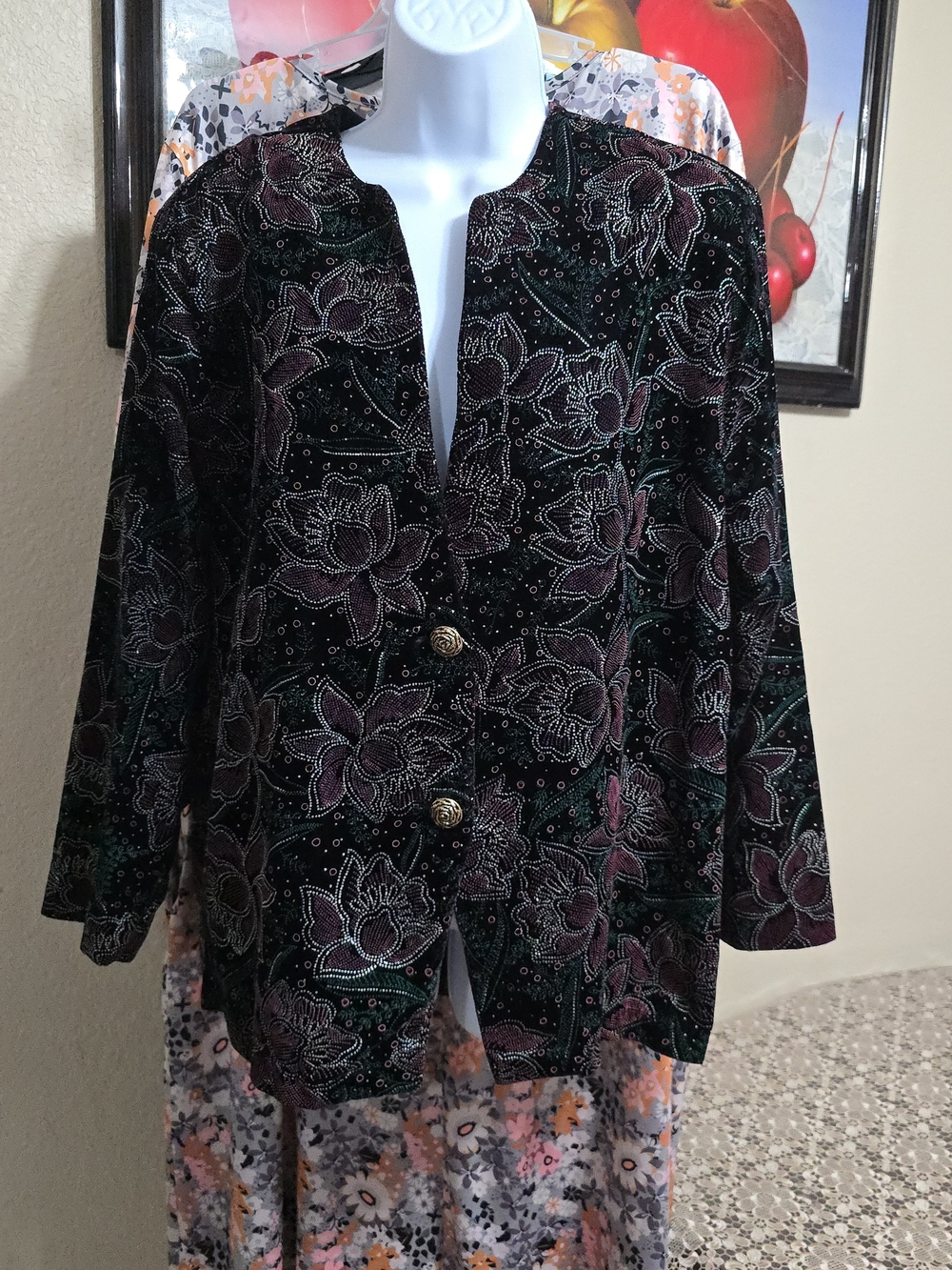 Velvet Floral Blazer Jacket - Black with Plum & Green Accents